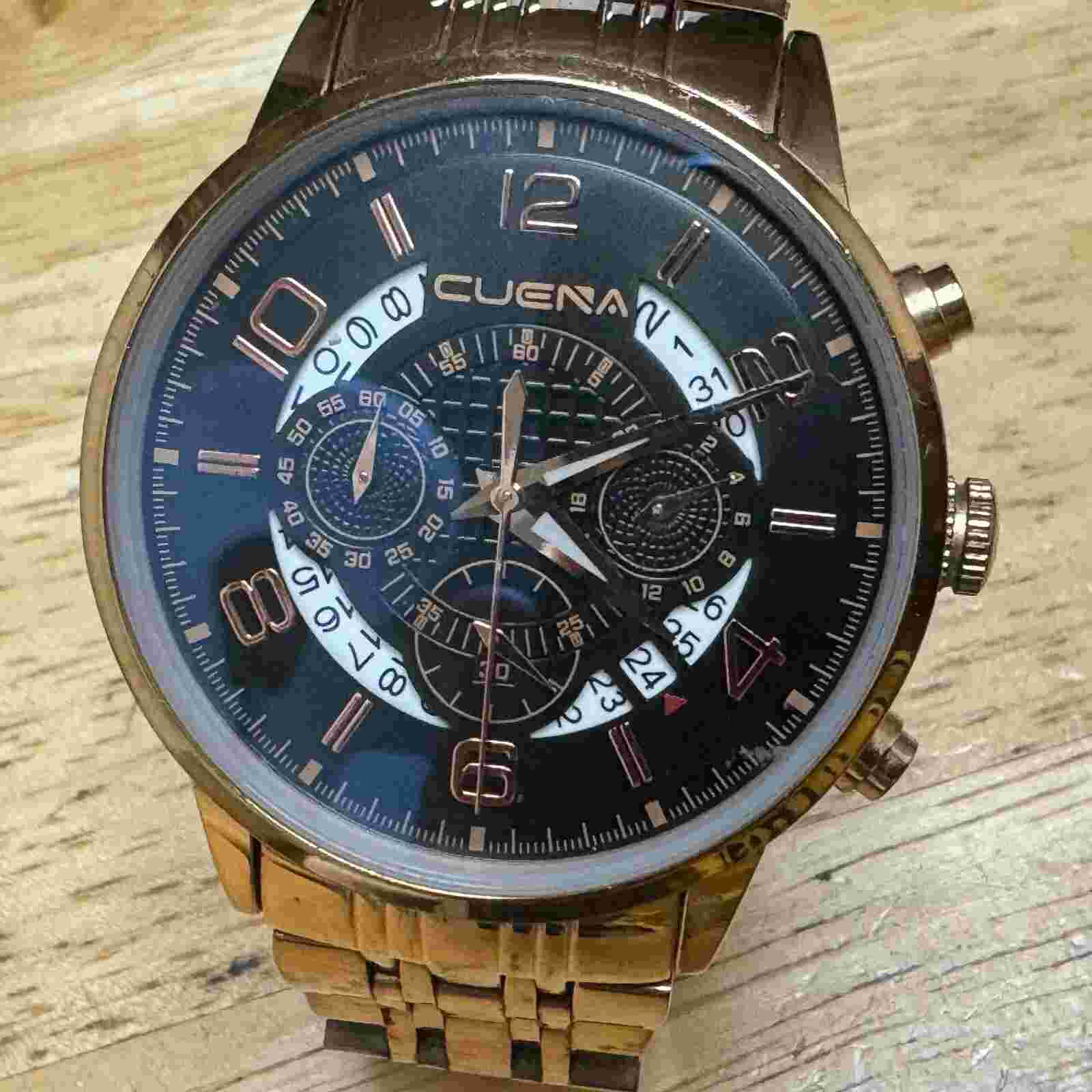 CUENA Quartz Watch Men Rose Gold Tone Black Dial Date Chronograph New Battery