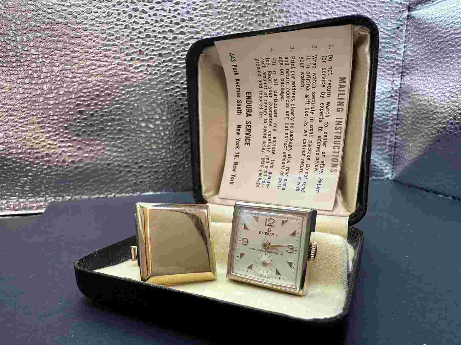 VINTAGE 17J SWISS ENDURA WATCH CUFF LINKS GOLD PLATED STUNNING NEW IN BOX