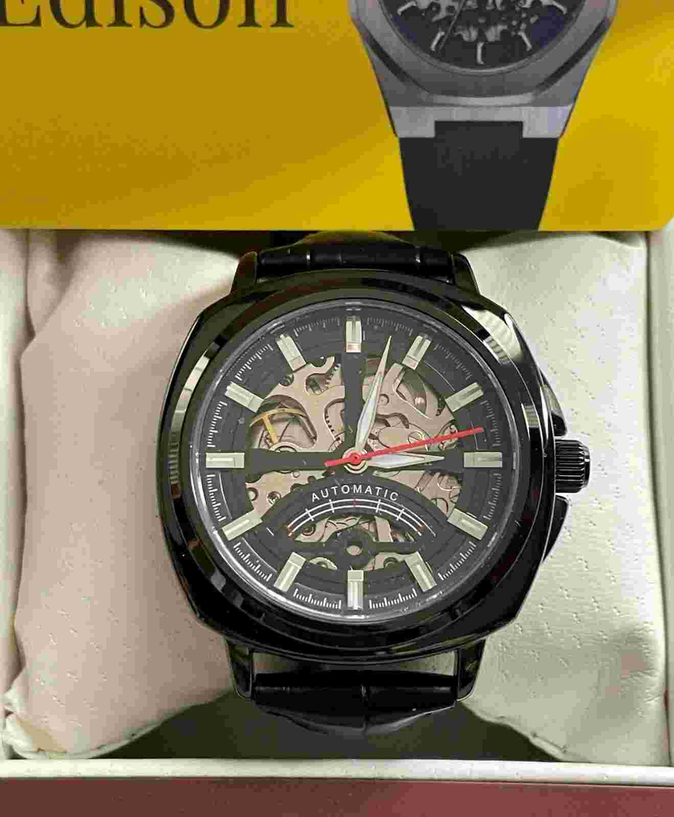 Edison Automatic Skeleton Men's Watch With Black Case & Leather Strap W/62