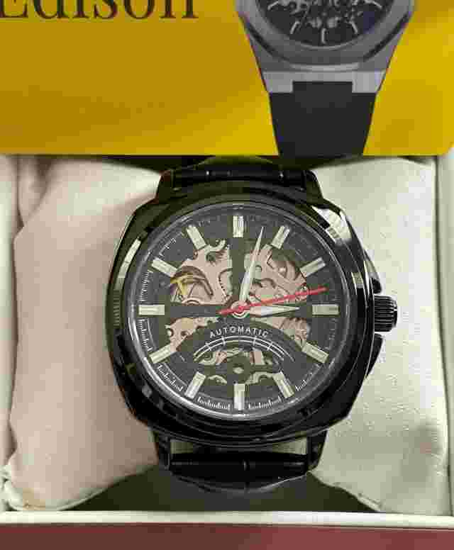 Edison Automatic Skeleton Men's Watch With Black Case & Leather Strap W/62