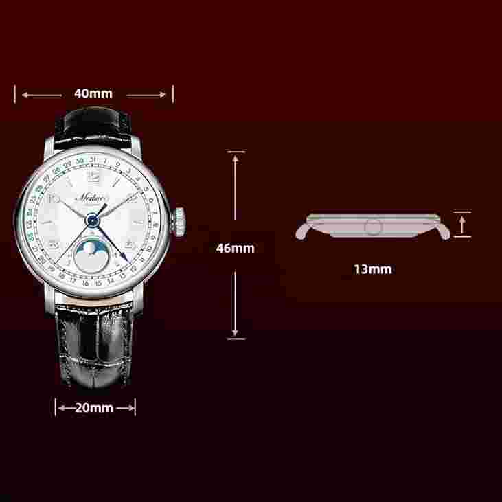 MERKUR Men Luxury Watch 40MM Moon Phase Manual Mechanical Wristwatch Month Week