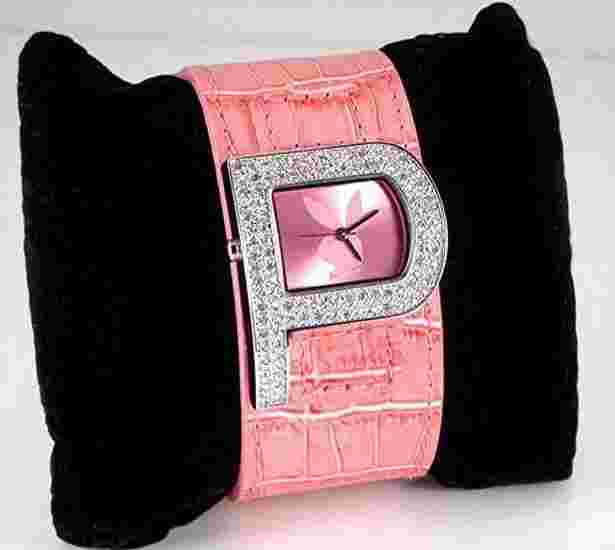Playboy Pink Designer Fashion Statement Leather Cuff Crystal "P" Watch PB0189PK