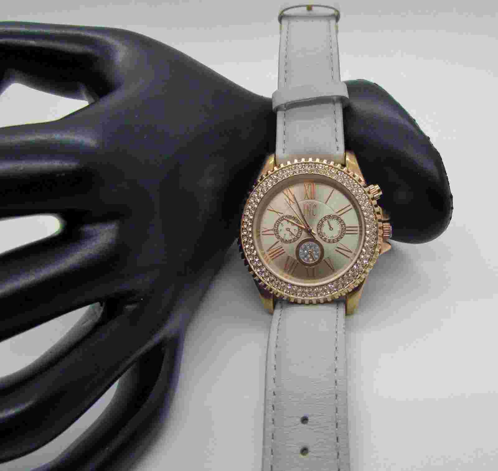 Women's INC Watch Analog with White Crystals and White Leather Watch Band