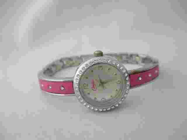 Candies Wristwatch Silver Tone & Pink Band Rhinestones Round Face