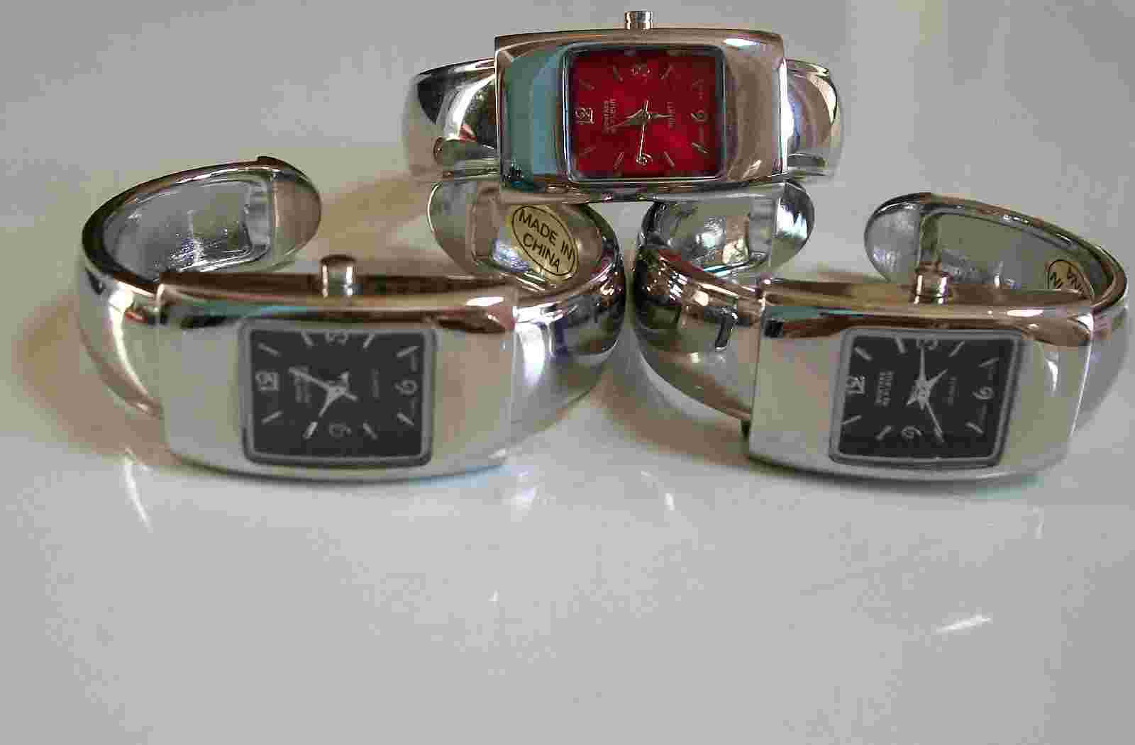 Women Silver Finish Black, Red, Brown Dial Cuff Bangle Fashion Casual Watch