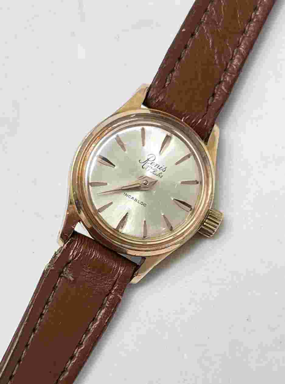 Vintage RENIS Women’s 22mm Swiss Mechanical Watch Gold Tan Leather 17 Rubis
