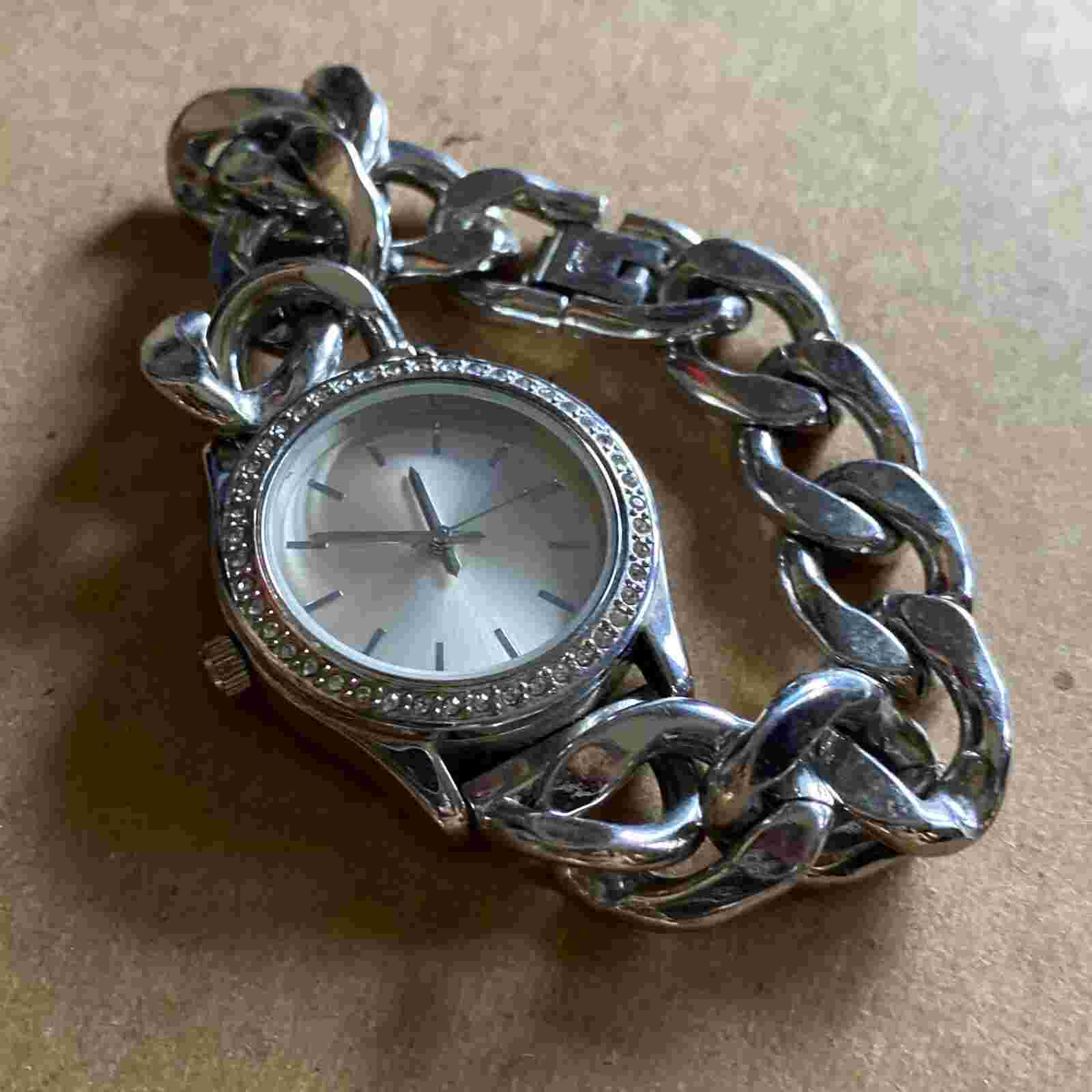FMD Silver Tone Rhinestone Bezel Cuban Link Bracelet Women’s Quartz Watch