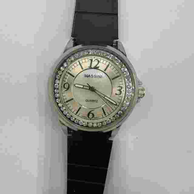 Massini Watch Women Silver Tone Crystal Bezel Black Silicone Band New Battery 9"