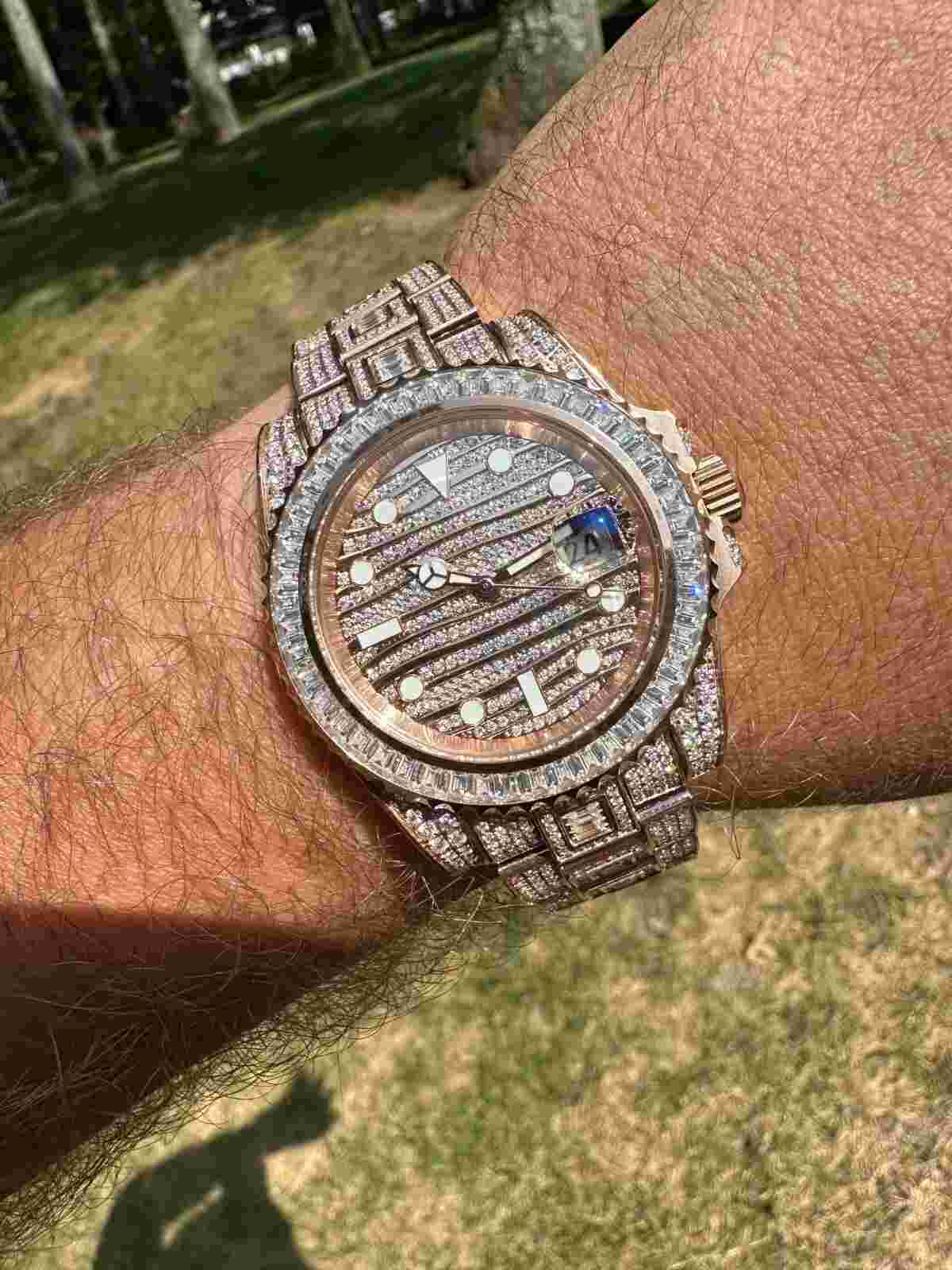 Real Baguette MOISSANITE Mens NO ID Presidential Wave Watch Iced Rose Gold