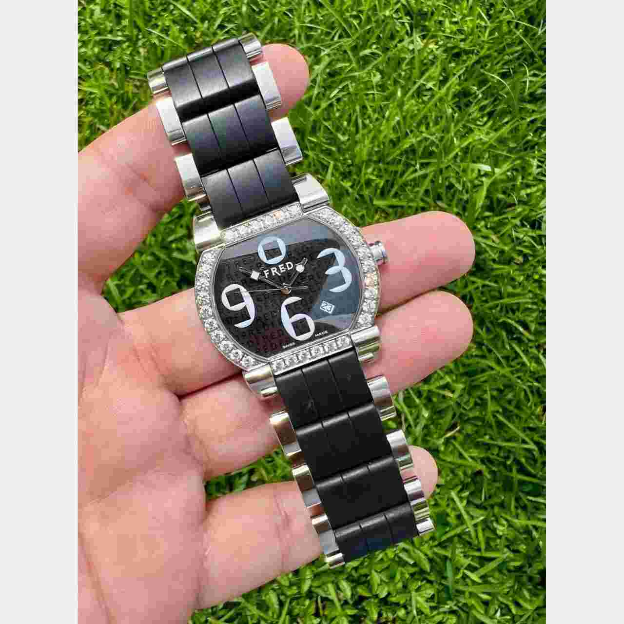 RARE! FRED PARIS WATCH  MEN'S Stainless Steel Diamonds & Rubber