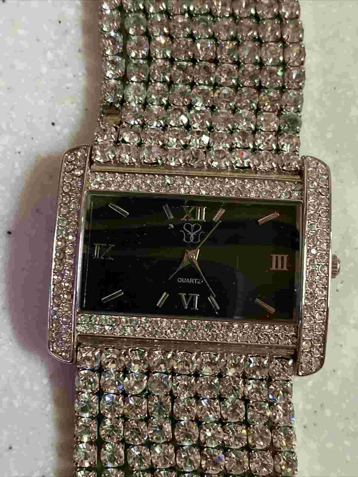 Suzanne Somers Wide Silver Tone  Rhinestone Crystals Watch New Battery W/box