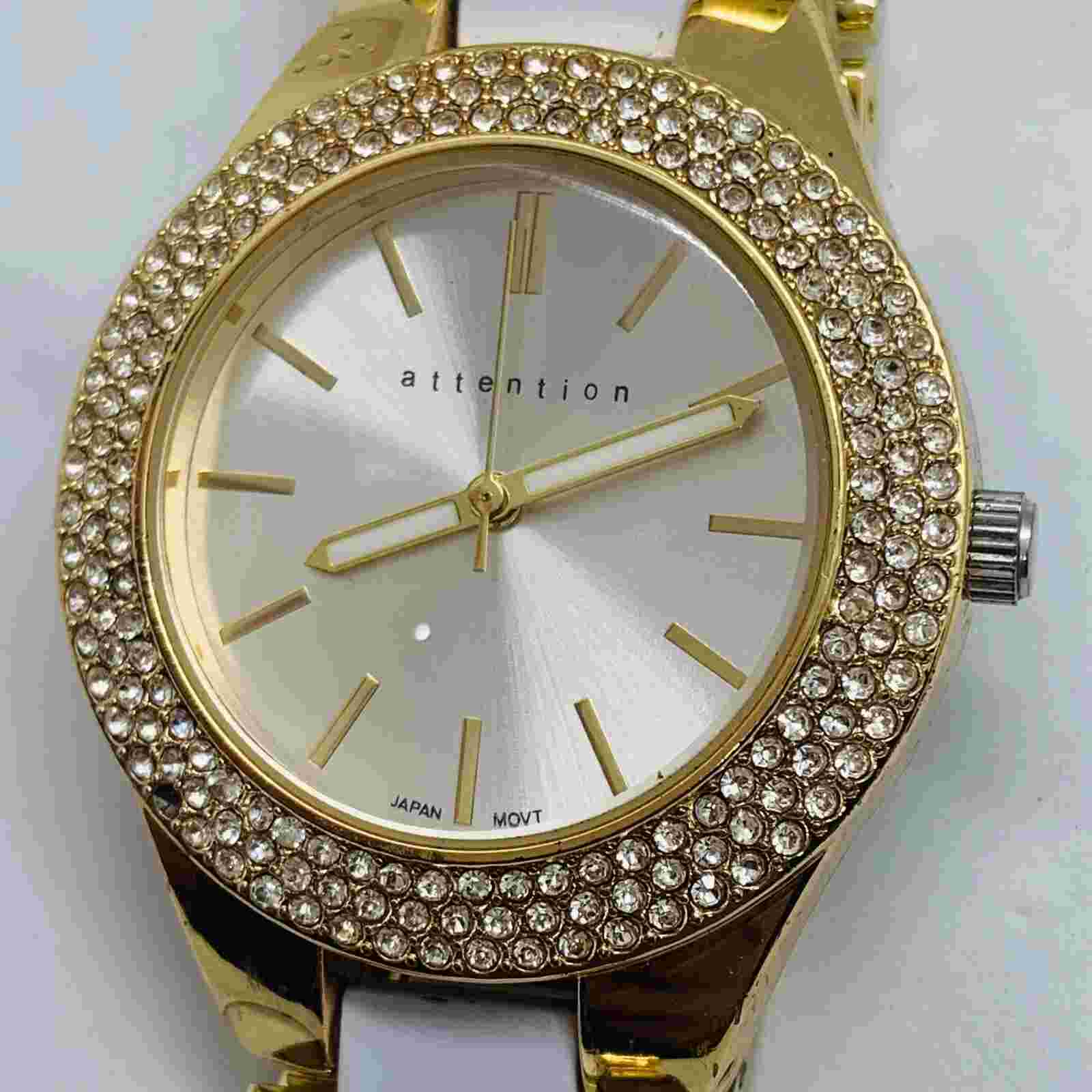 Attention womens 38mm Quartz analog watch gold white tone rhinestones 7” runs