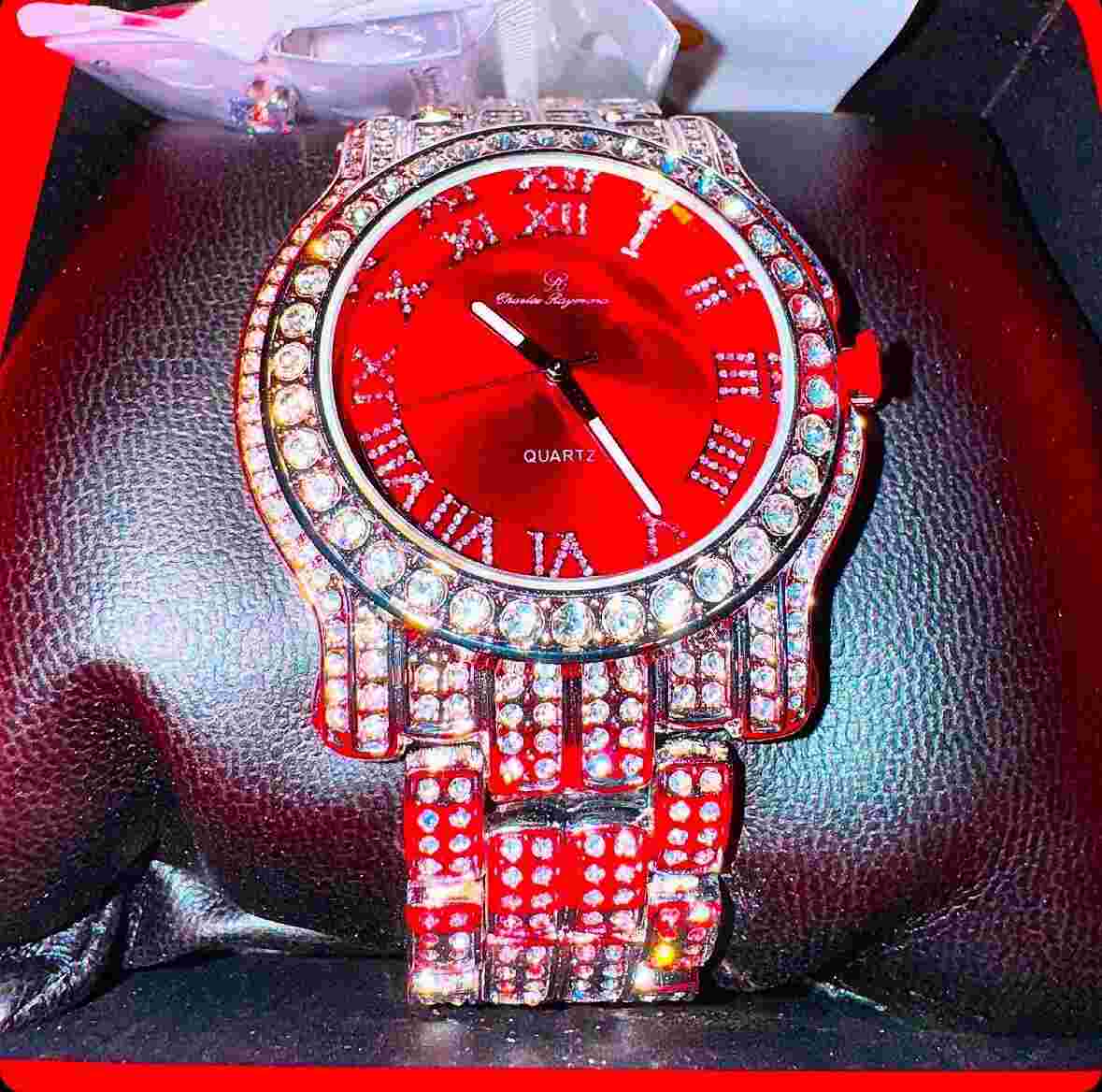 Mens Watch Fully Iced Blinged Out Stainless Steel Bust Down Out Hip Hop | RED