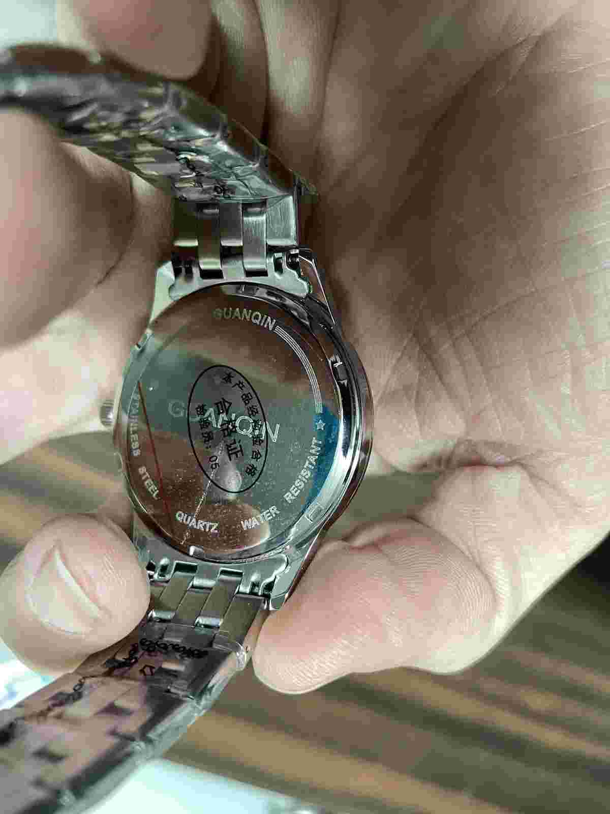 GUANQIN fashion Mens Silver Watch waterproof quartz Auto Black face Stainless