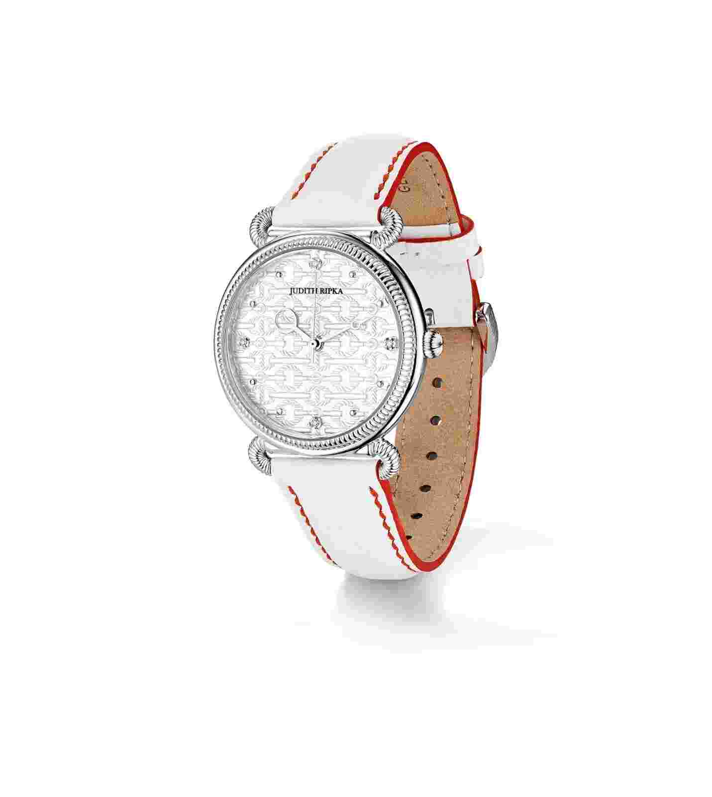 Judith Ripka, Vienna Watch, Sterling Silver with Diamonds & White Leather