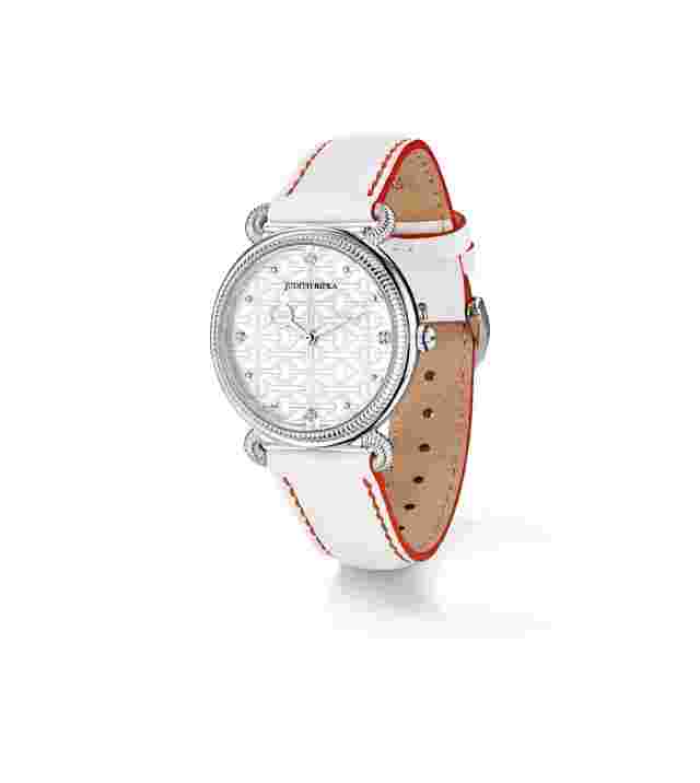 Judith Ripka, Vienna Watch, Sterling Silver with Diamonds & White Leather