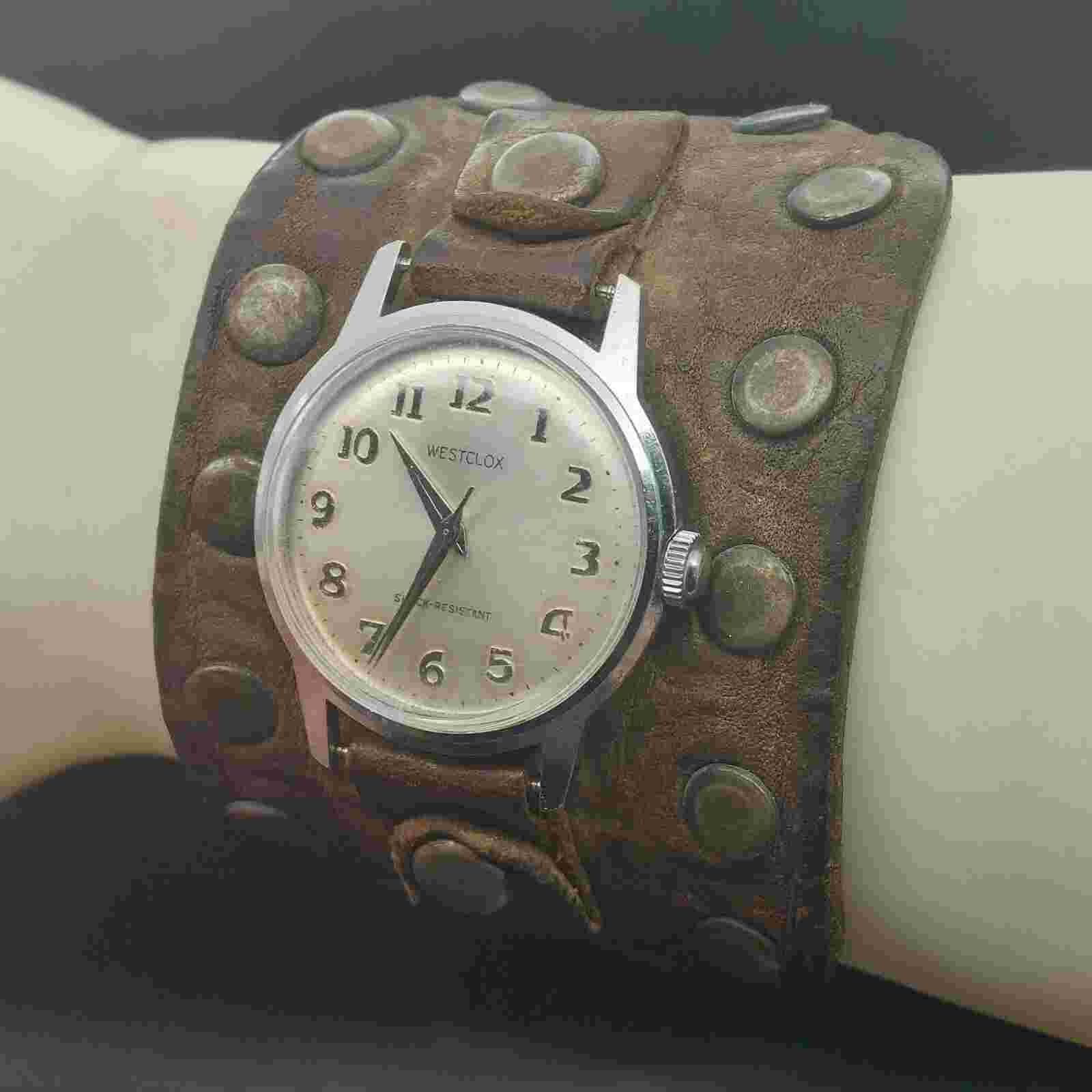 Vintage Westclox Mens Mechanical Watch With Hickok Brown Leather Riveted Cuff St