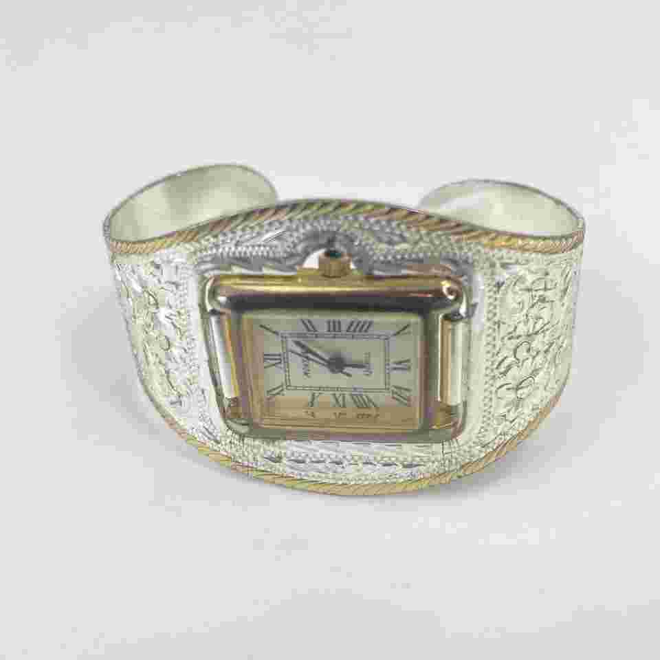 Montana Silversmiths Cuff Watch Silver Scrolling Gold Trim Needs Battery