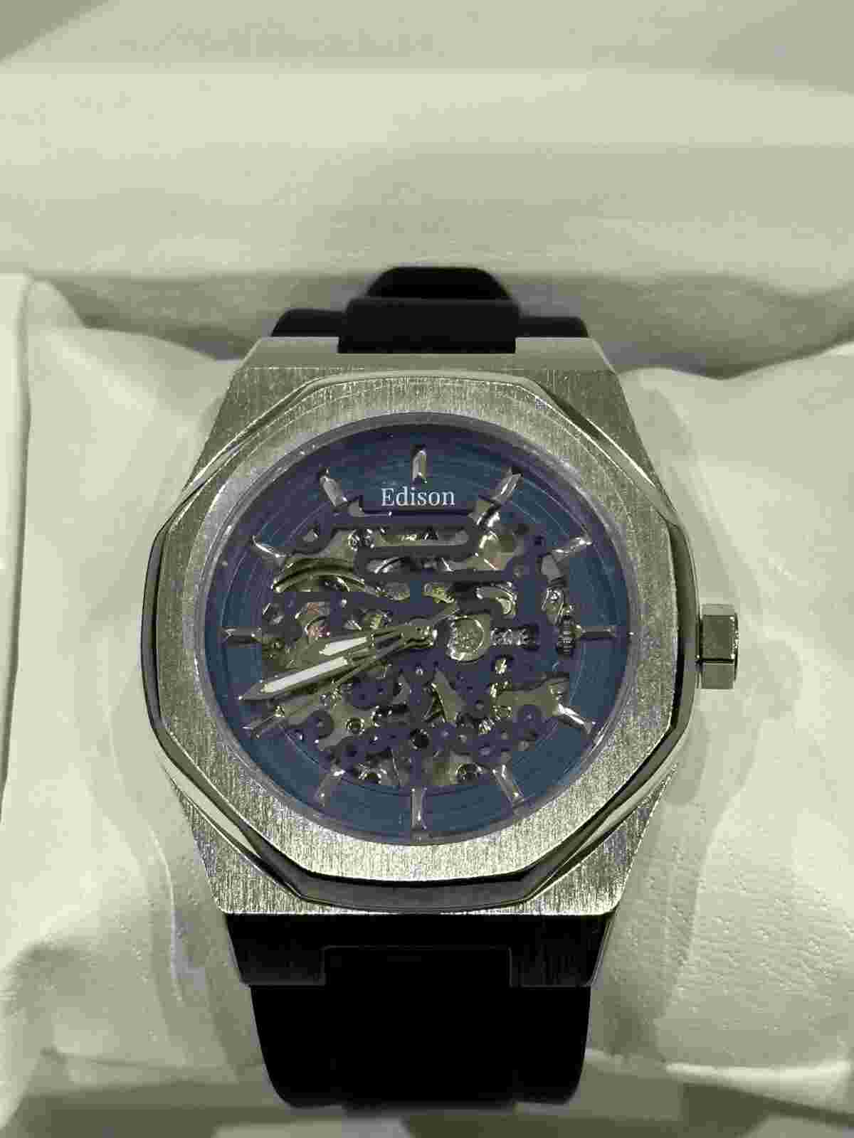 Edison Roadster Hexagon Blue Dial Black leather Strap Men’s Watch.