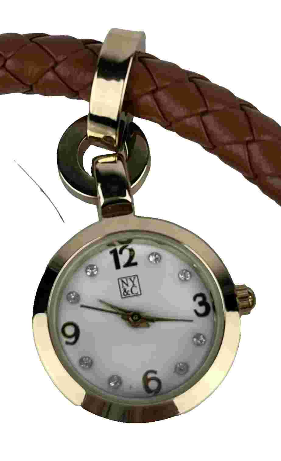 NY&C Women's Charm Bracelet Watch Leather Gold Tone NWT - New Battery - Running