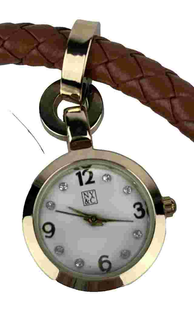 NY&C Women's Charm Bracelet Watch Leather Gold Tone NWT - New Battery - Running