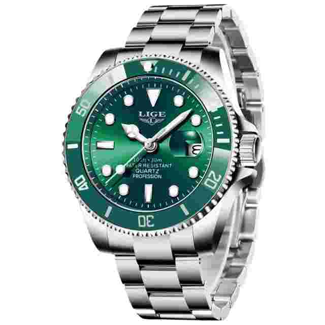 LIGE Mens Wristwatch Luxury Quartz Green Waterproof Sports Silver Watch BOXED