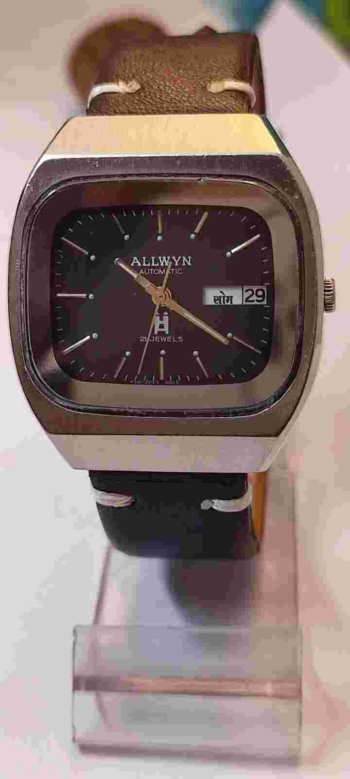 ALLWYN 21 JEWELS AUTOMATIC BLACK DIAL Y381-5010 INDIA MEN'S FULL WORKING VINTAGE