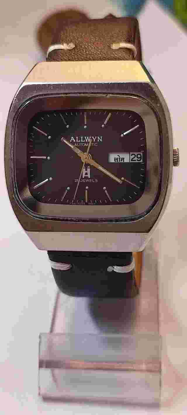 ALLWYN 21 JEWELS AUTOMATIC BLACK DIAL Y381-5010 INDIA MEN'S FULL WORKING VINTAGE