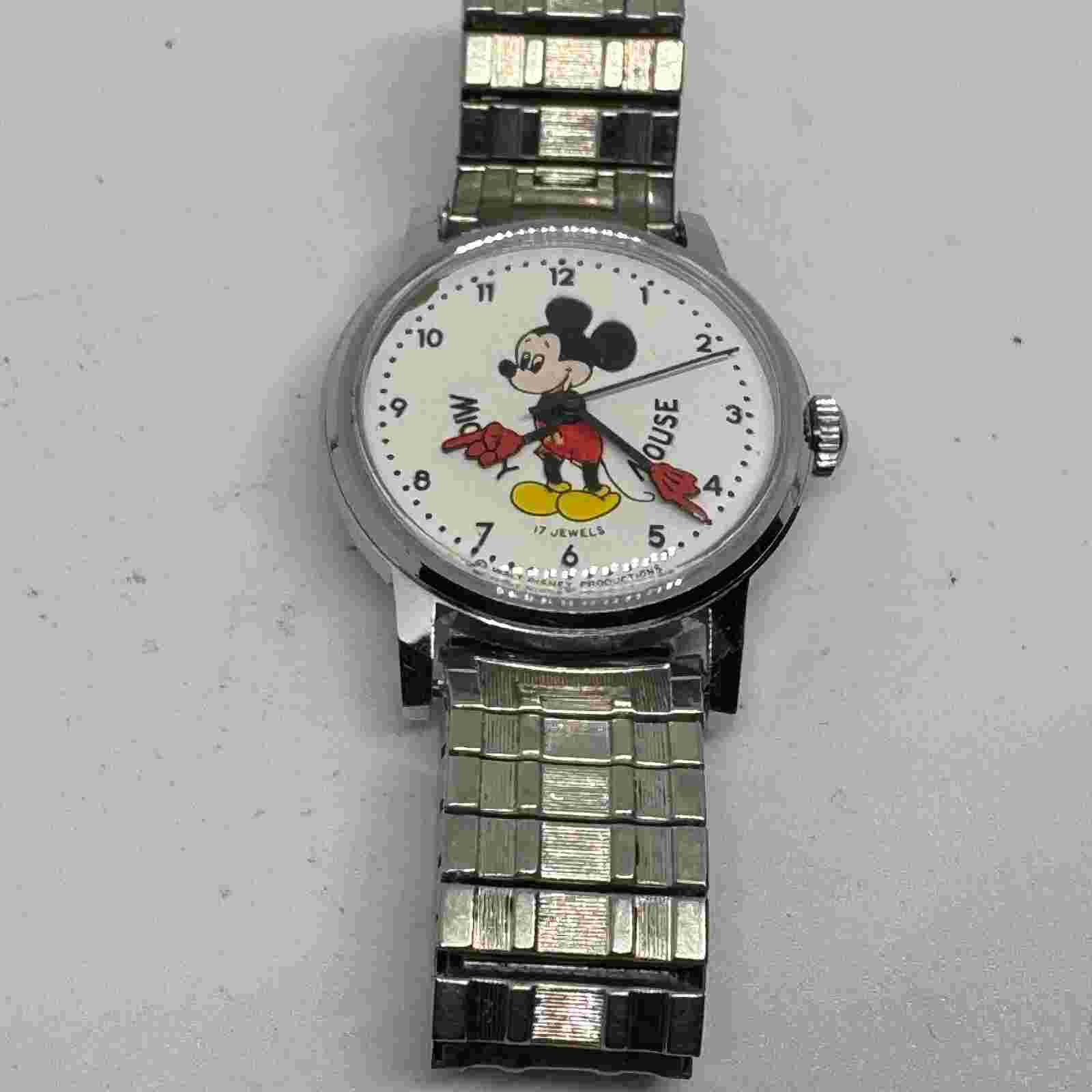 VTG Disney Mickey Hand Wind Mechanical Watch Men 17 Jewels Silver Stretch Band