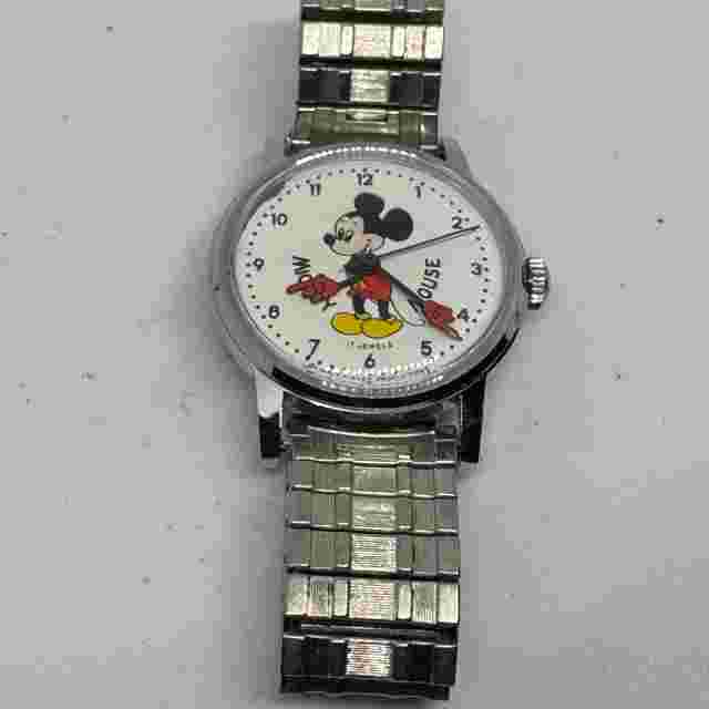 VTG Disney Mickey Hand Wind Mechanical Watch Men 17 Jewels Silver Stretch Band