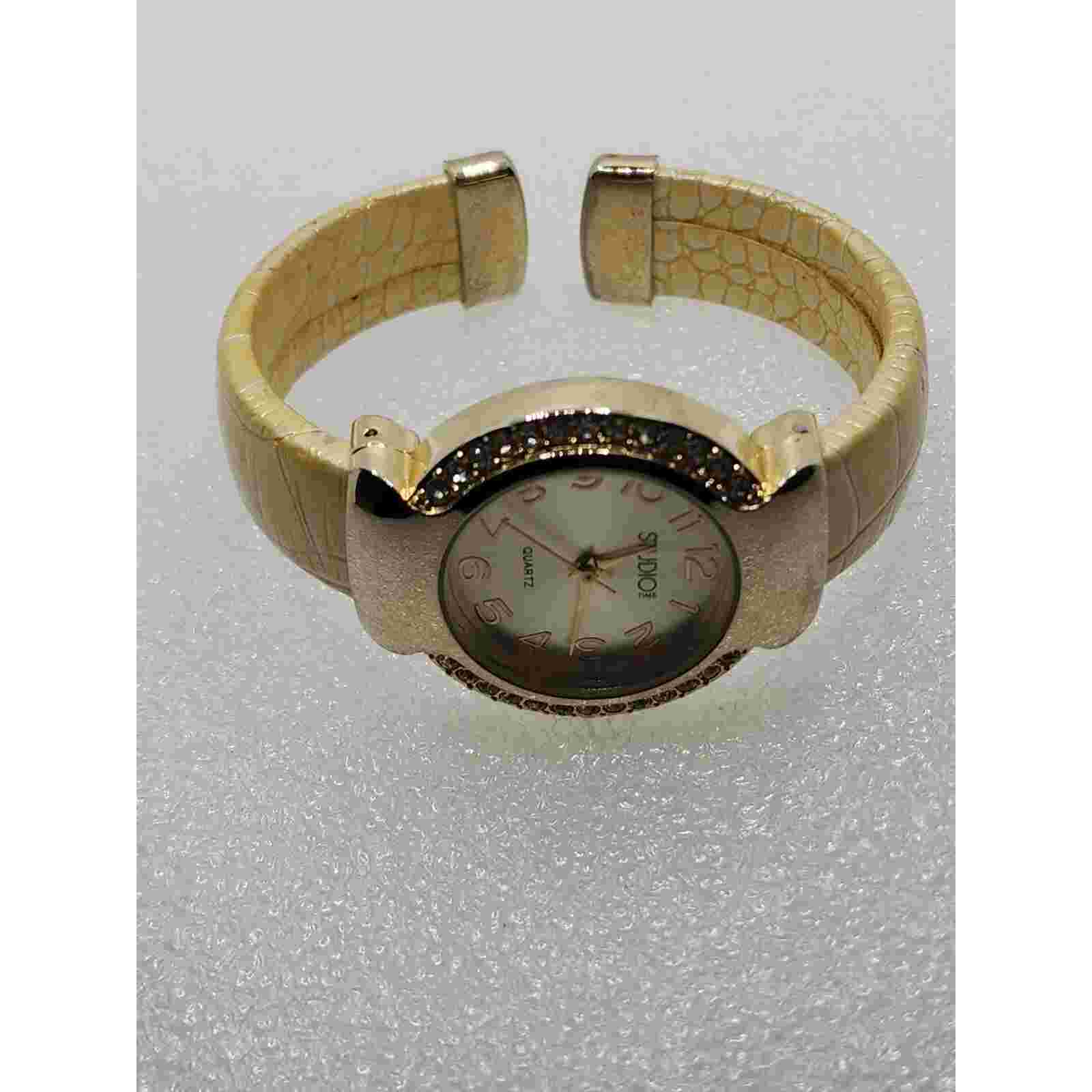 Studio Gold French Mustard Yellow Crystal Gemmed Accent Cuff Bangle Hinged Watch