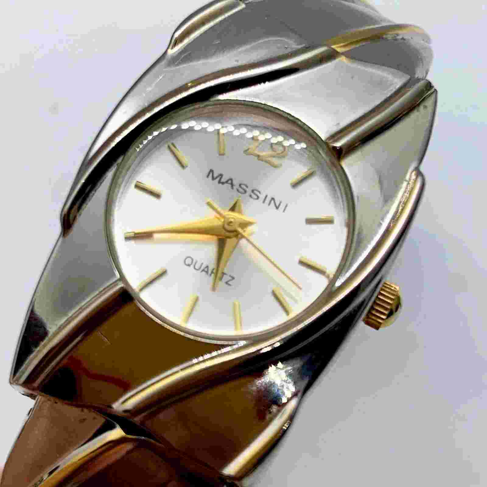 Massini womens Quartz analog watch 22mm cuff bracelet silver gold tone size 6”