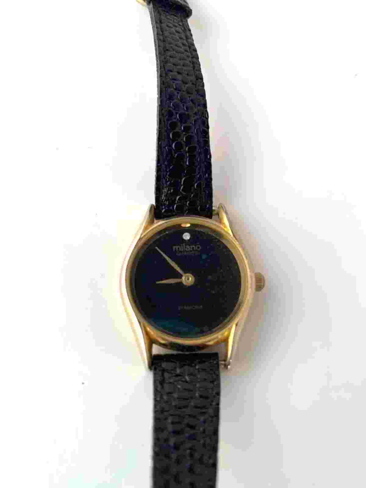 Vintage Watch Milano Diamond Quartz Black Face Lizard Band