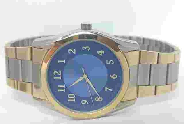 Men Q&Q by Citizen Watch Blue Face Gold Bezel Silver Case Steel Bracelet 2 Tone