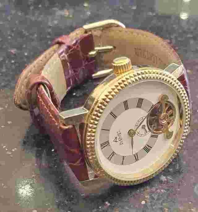 August Steiner Men's Skeleton Windup White Dial Red Leather Strap RUNS Xmas Gift