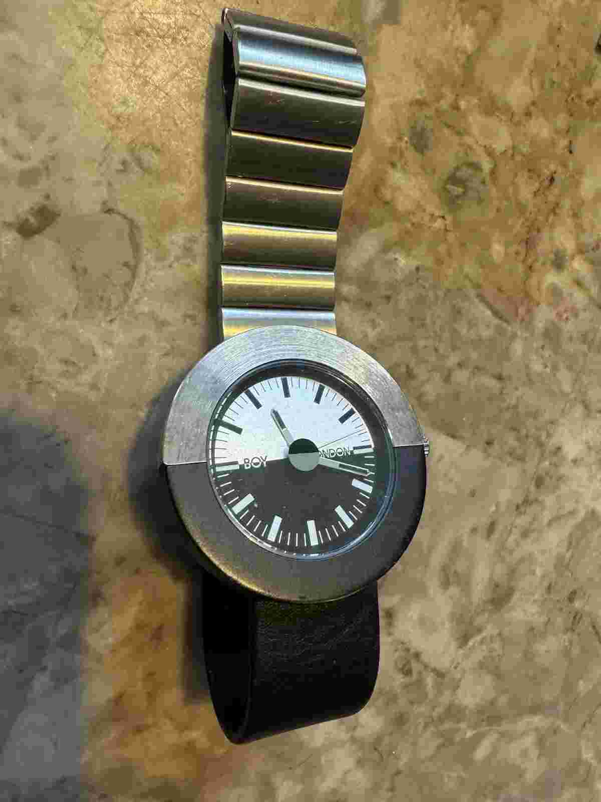 Boy London Silver Black Two Tone  Leather & Metal Band Watch Tin Japan Movement