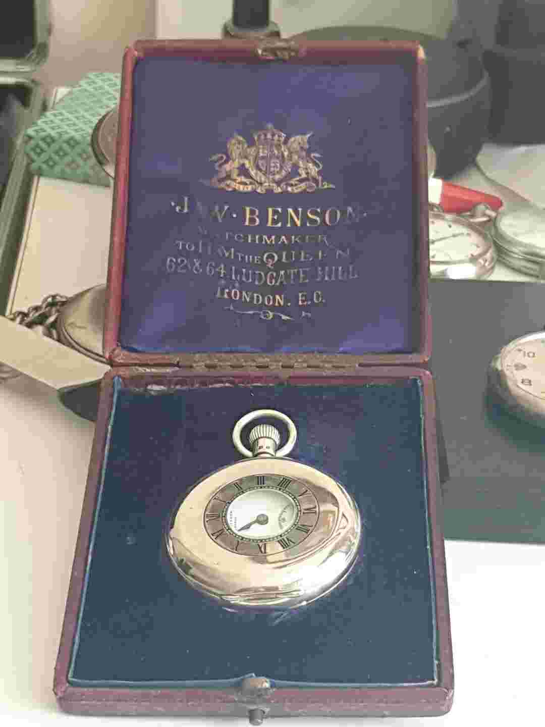 Antique J W Benson Silver Half Hunter Pocket Watch C1937 With Original Box