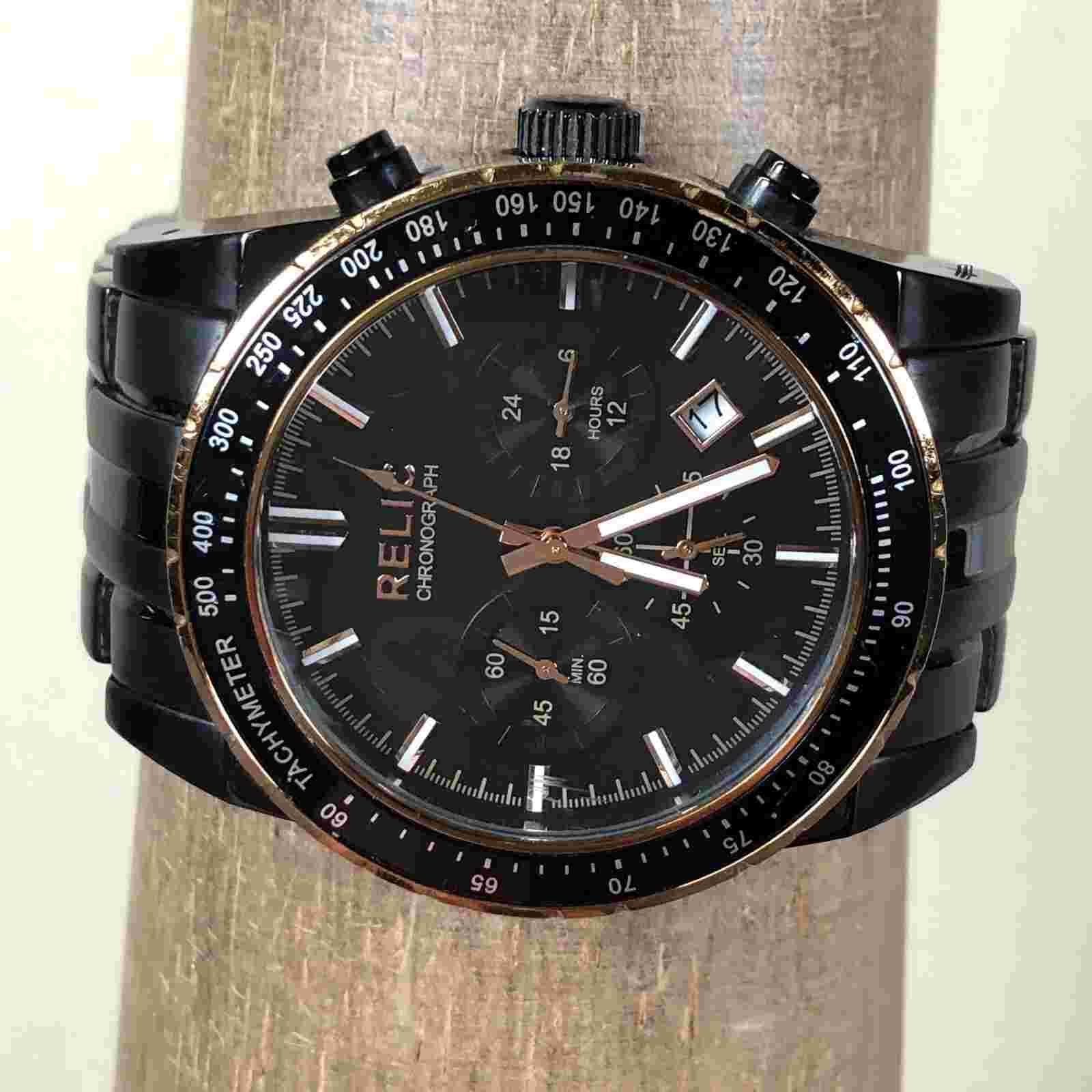 Relic Men ZR66031 Classic Chronograph Black Tone 44mm Quartz Analog Watch 7 1/2"
