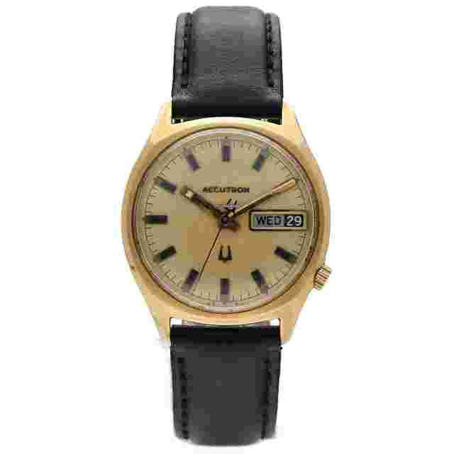 Accutron
                           
                                 Vintage Day/Date 14K Gold Filled Black Leather Dress Men's Watch