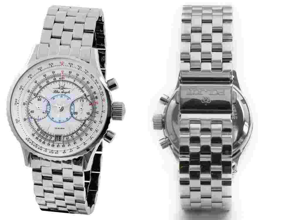 Poljot Chronograph 3133 Blue Angels white FULL SET Steel Bracelet + Glassboden