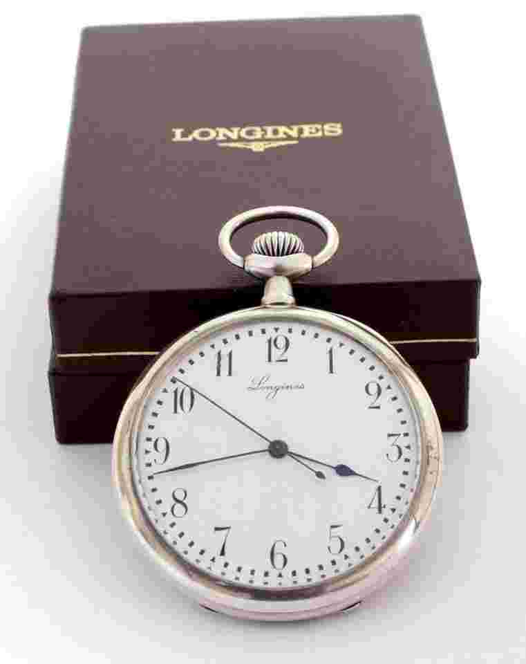 Unique LONGINES Kaliber 18,89 Silber TASCHENUHR , 4 Grands Prix Sehr selten mit Zentralsekunde 1903