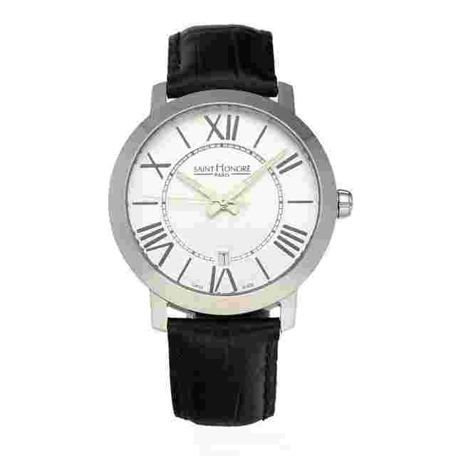 SAINT HONORE Saint Honoré Trocadero Silver Roman Dial 41mm Steel Leather Quartz Men's Watch 