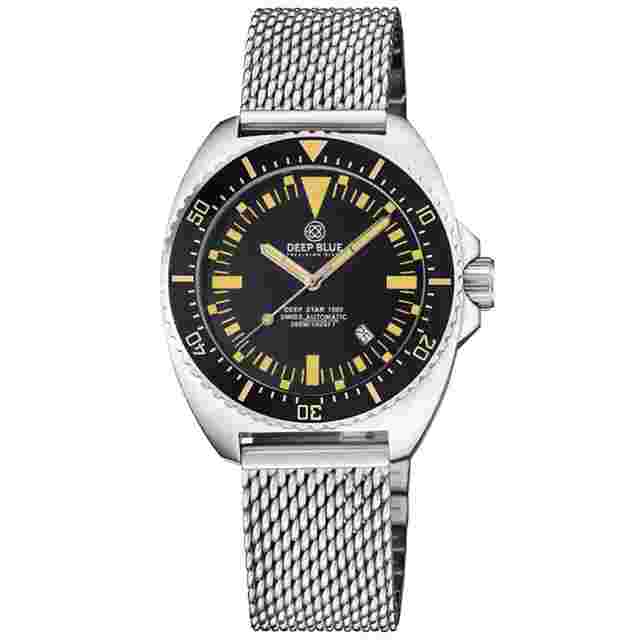 Deep Blue
                           
                                 Star 1000 Vintage Swiss Automatic Men's Diver Watch Black Ceramic Bezel/Mesh Bracelet