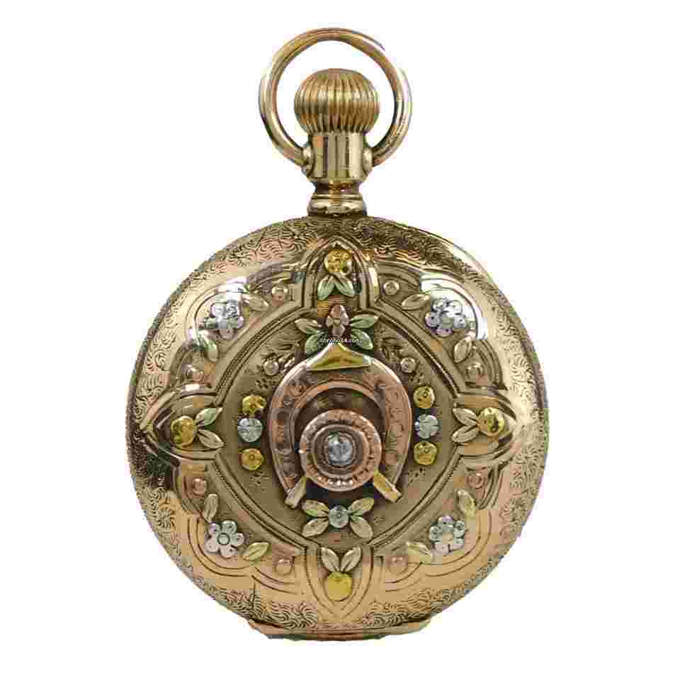 Elgin
Vintage Elgin Pocket Watch Four Color 14K Gold Hunters Case