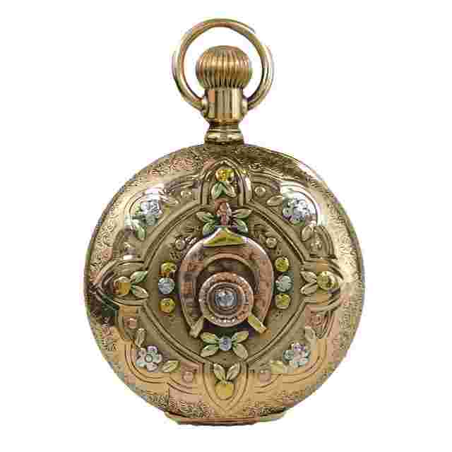 Elgin
                           
                                 Vintage Elgin Pocket Watch Four Color 14K Gold Hunters Case