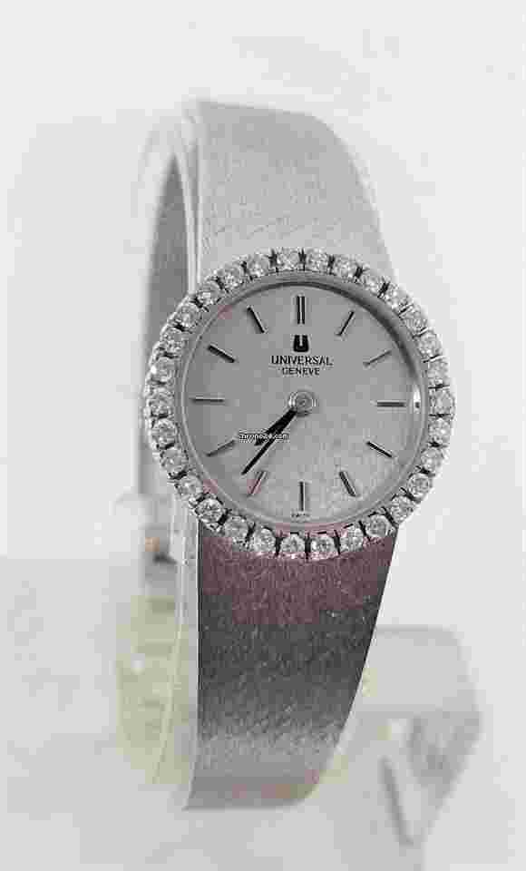 Universal Genève
Vintage 18k White Winding Ladies Watch 1 ct Diamond Bezel F/VS1