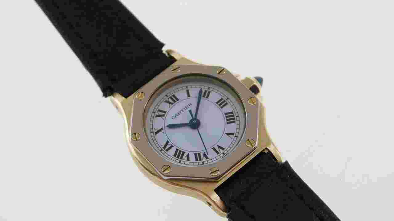 Cartier Santos 18 Karat Gelbgold Santos Octagon Automatik Damenuhr mit seltener Weißgoldlünette