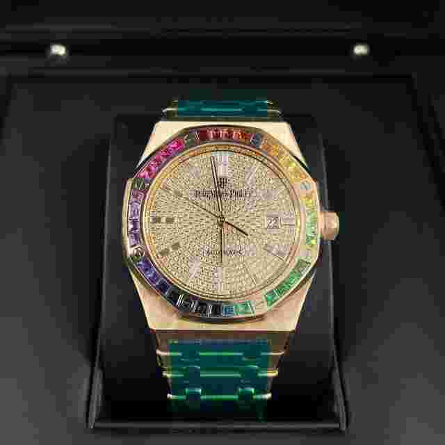Audemars Piguet Royal Oak
                           
                                 15413OR Rose Gold Factory Pave Dial Rainbow Bezel "In Stock"