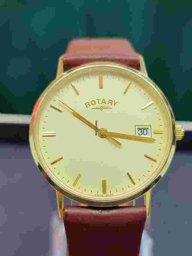 Rotary
                           
                                 Men's Watch 9K Solid Gold Bezel Gold Dial with Batons Leather Brown Strap(364)