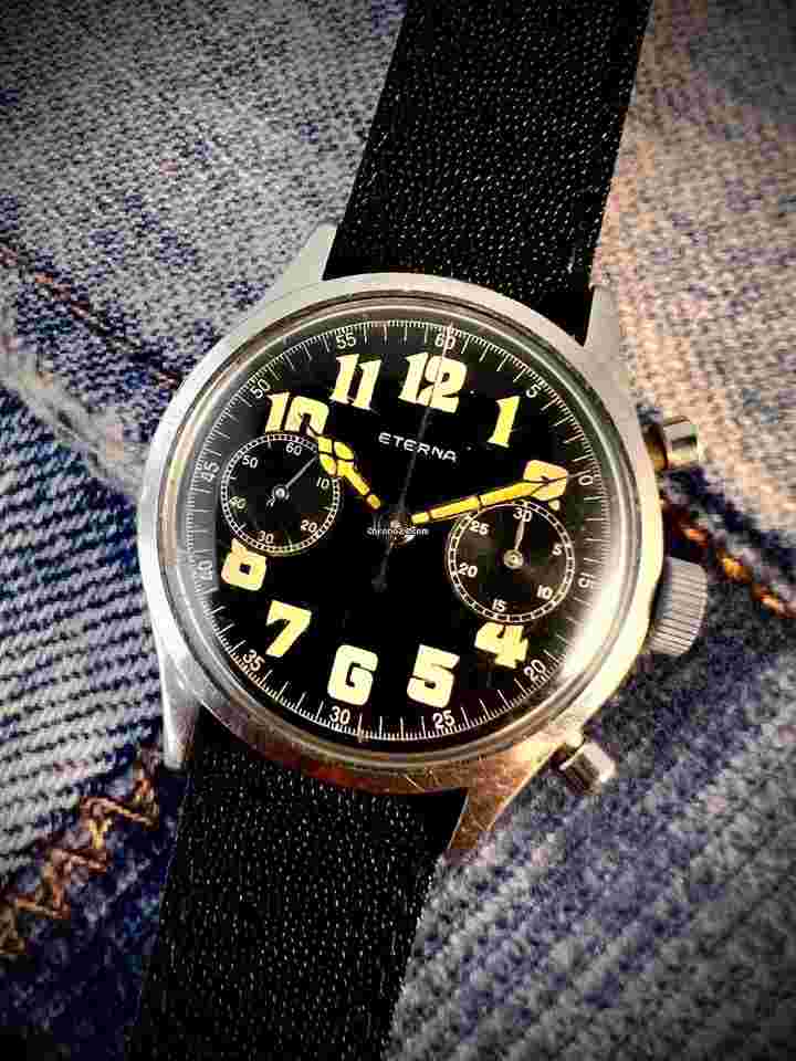 Eterna vintage Chronograph 1940 black Dial radium index jumbo 38 mm